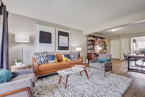 a living room with couches and chairs and a rug